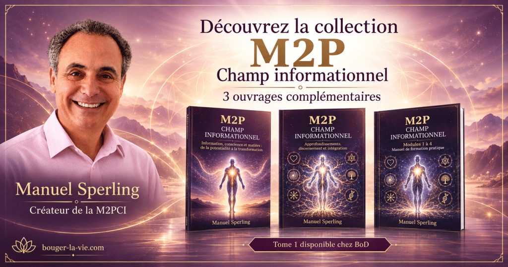 Visuel promotionnel de la collection M2P Champ informationnel de Manuel Sperling, avec les trois couvertures des livres et la mention de la collection en 3 volumes.